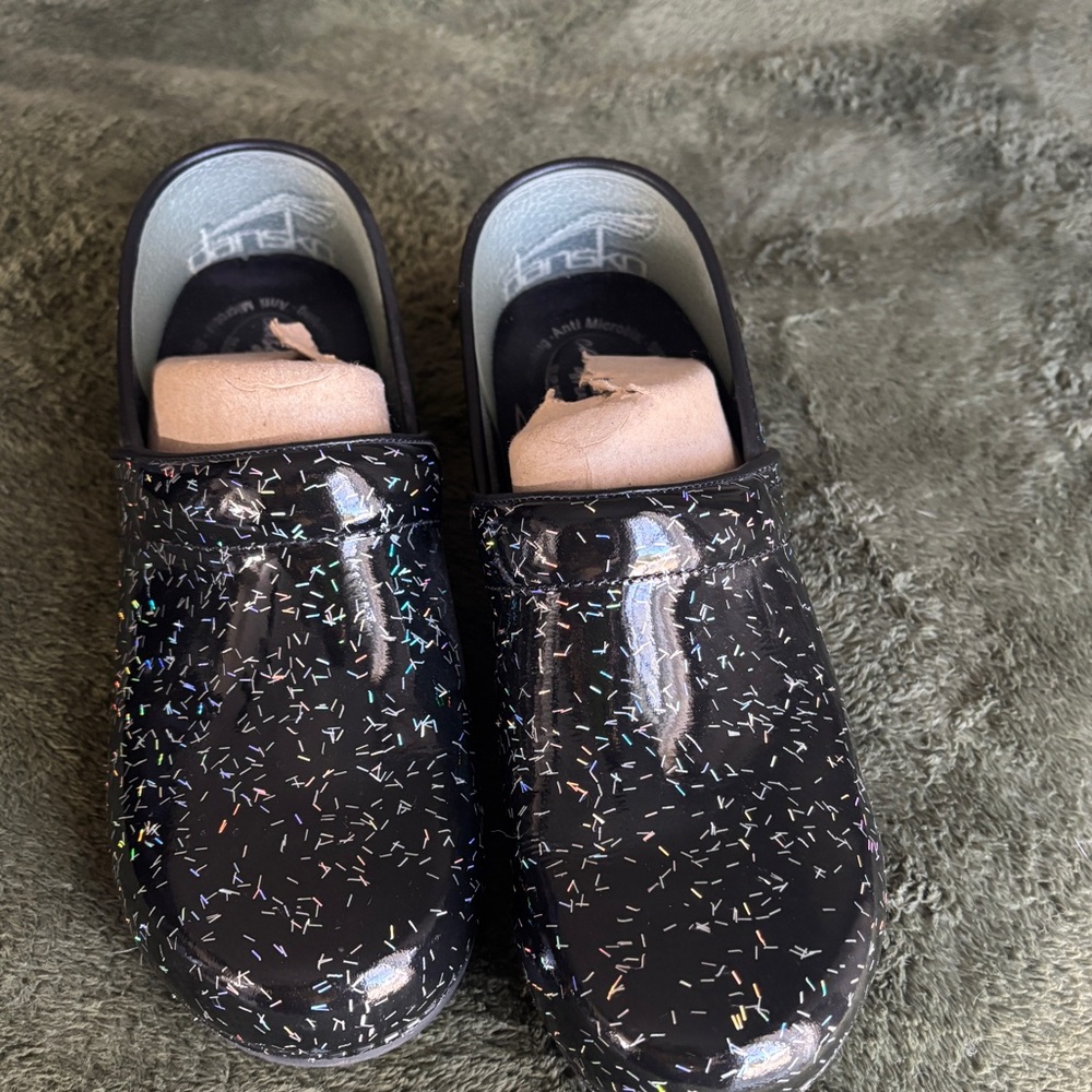 Womens Dansko Black Sparkle Nursing Clogs